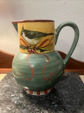 Lenox Winter Greetings Green Pitcher with Yellow Bird Panel and Red Ribbon Detai